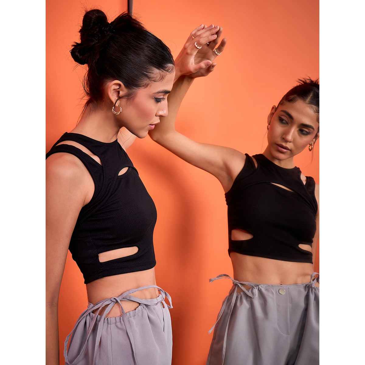 Uptownie Women's Sleeveless Stretchable Ribbed Top with Front Cut Outs | 120018664 | Black - M