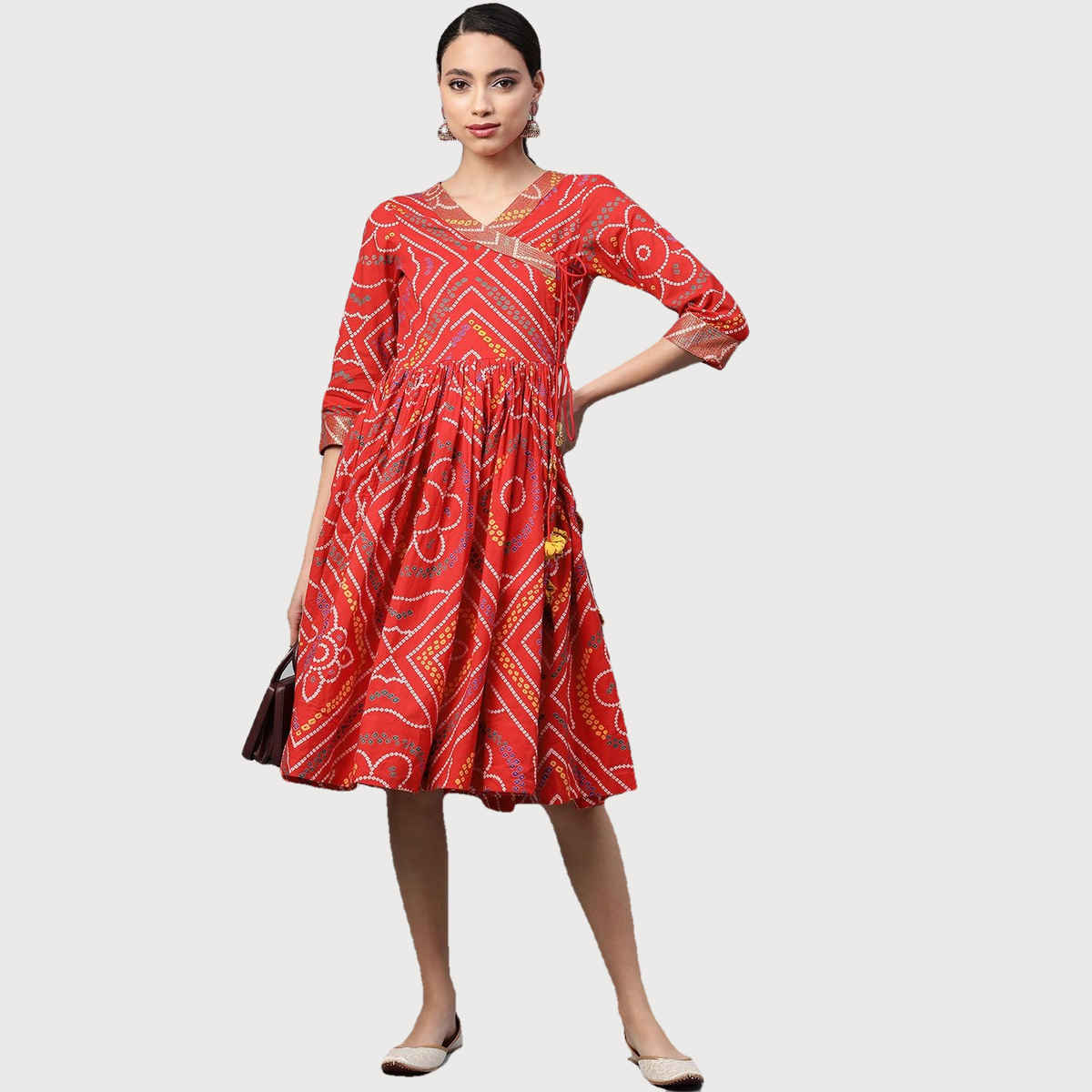 Anubhutee Bandhani Printed Pure Cotton Angrakha A-Line Dress | Red and White - S