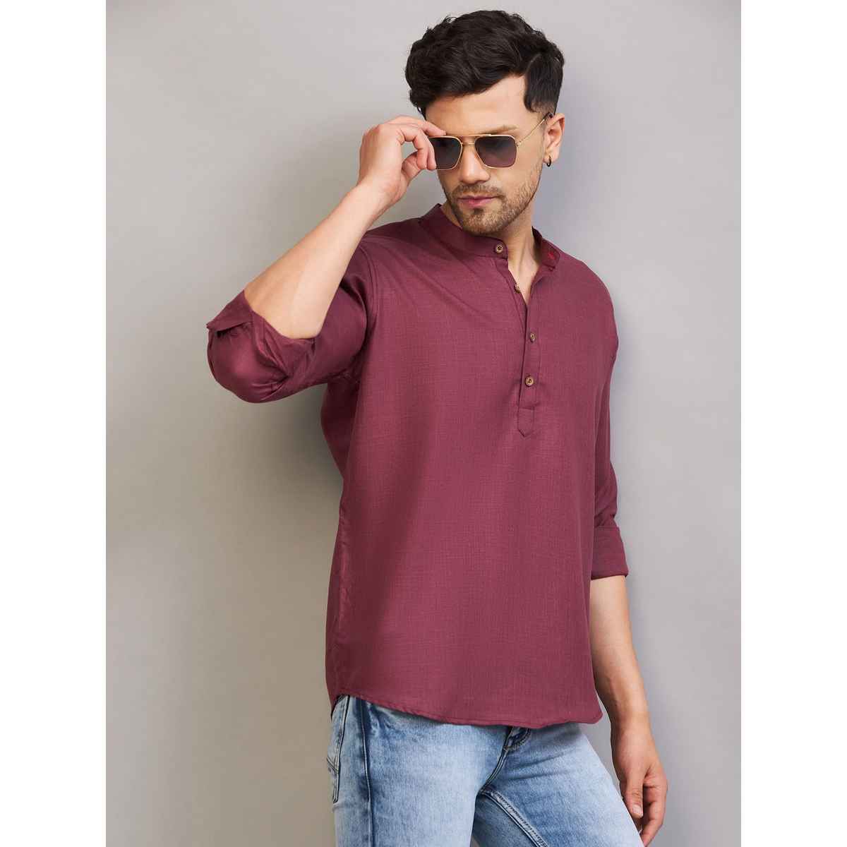 Vastramay Men's Cotton Blend Short Kurta for Eid | Purple - L
