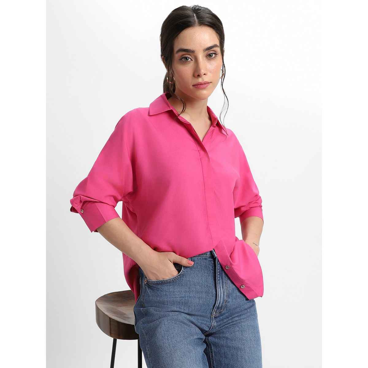 DL Women's Spread Collar Casual Shirt | DLWSHW23003 | Pink - S