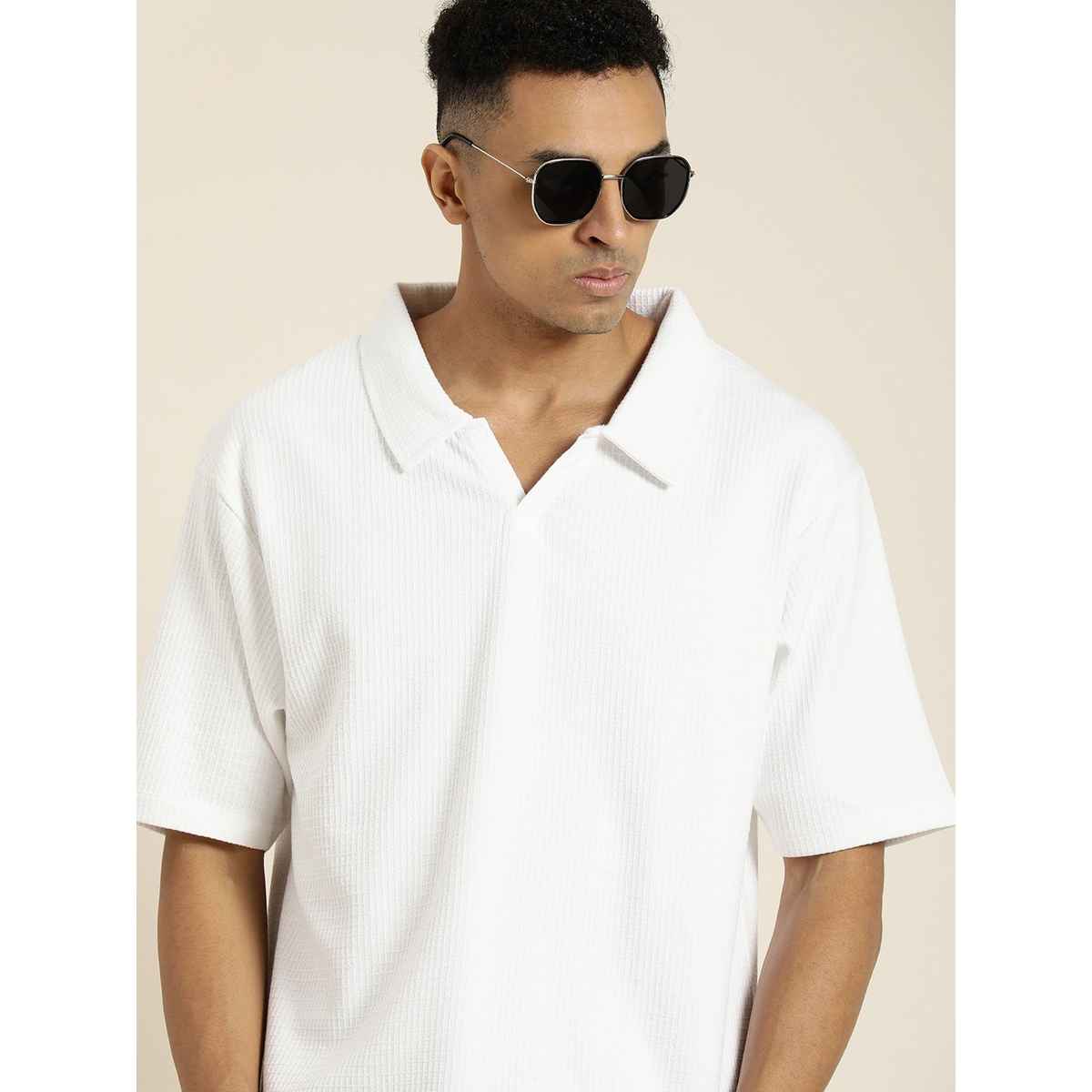 Dillinger Men's Waffle Structure Self Design Oversized Polo Collar T-shirt | White - M