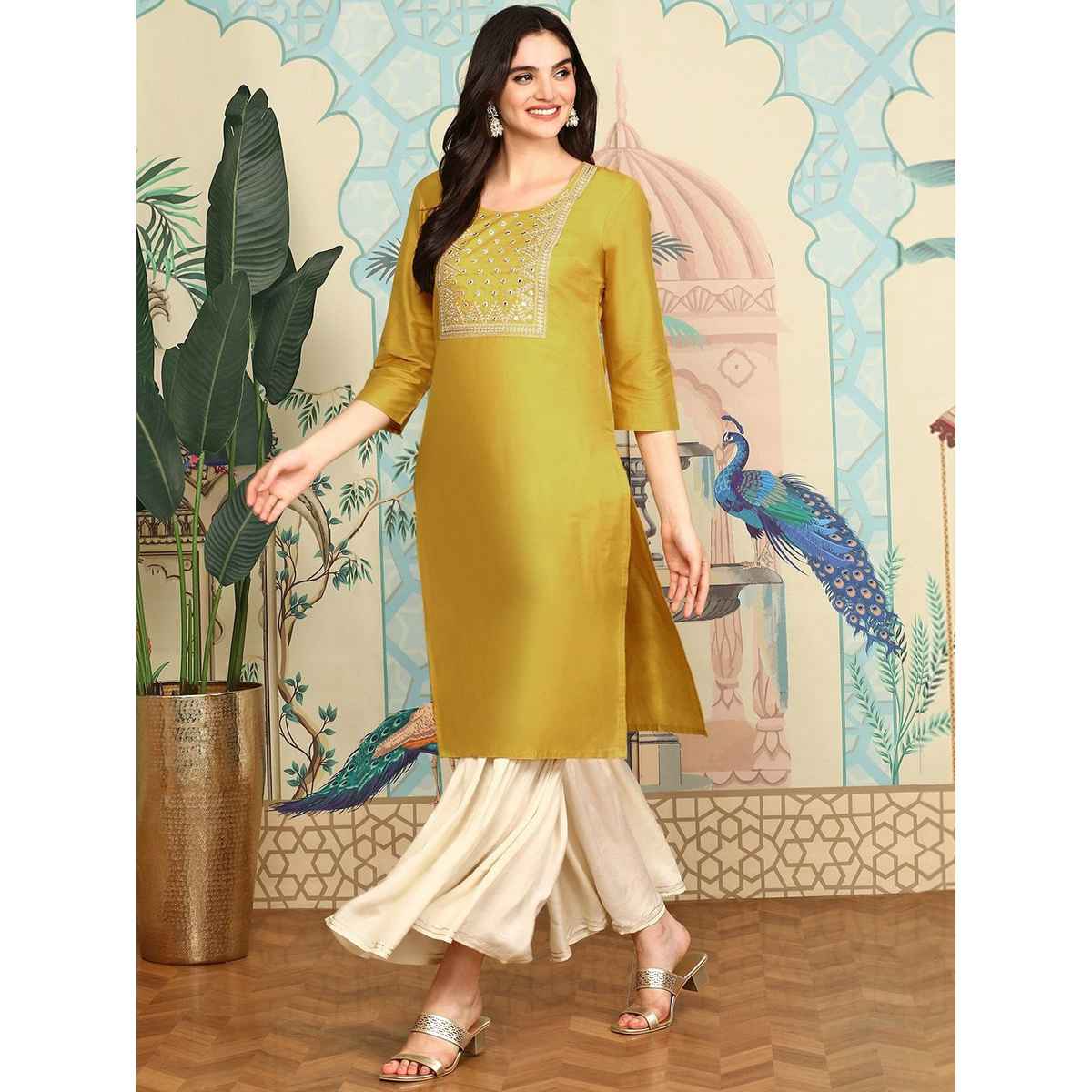 Ishin Women Poly Viscose Kurta | INWKAS24160 | Mustard - L