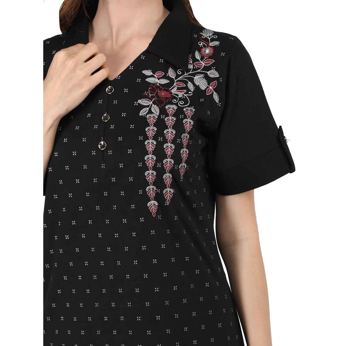 Duchess Women s Cotton Regular Fit Printed-Embroided Long Night Suit Set | Black | 3XL