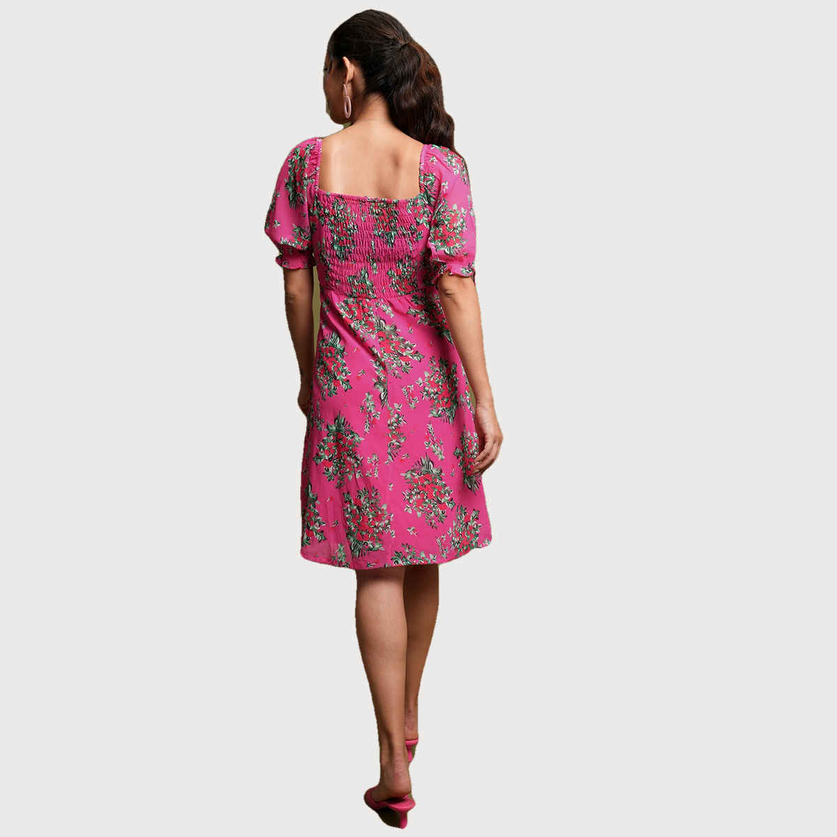 Ketch Women's Floral Printed Puff Sleeves Smocked A-Line Dress | Multicolor - S