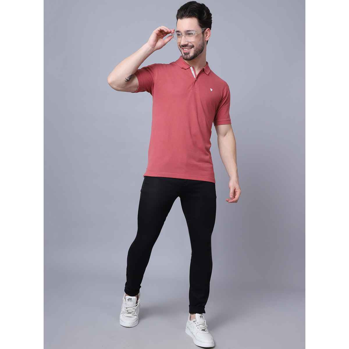 Cantabil Men's Solid Polo Neck Casual T-shirt | Dusty Pink - XL