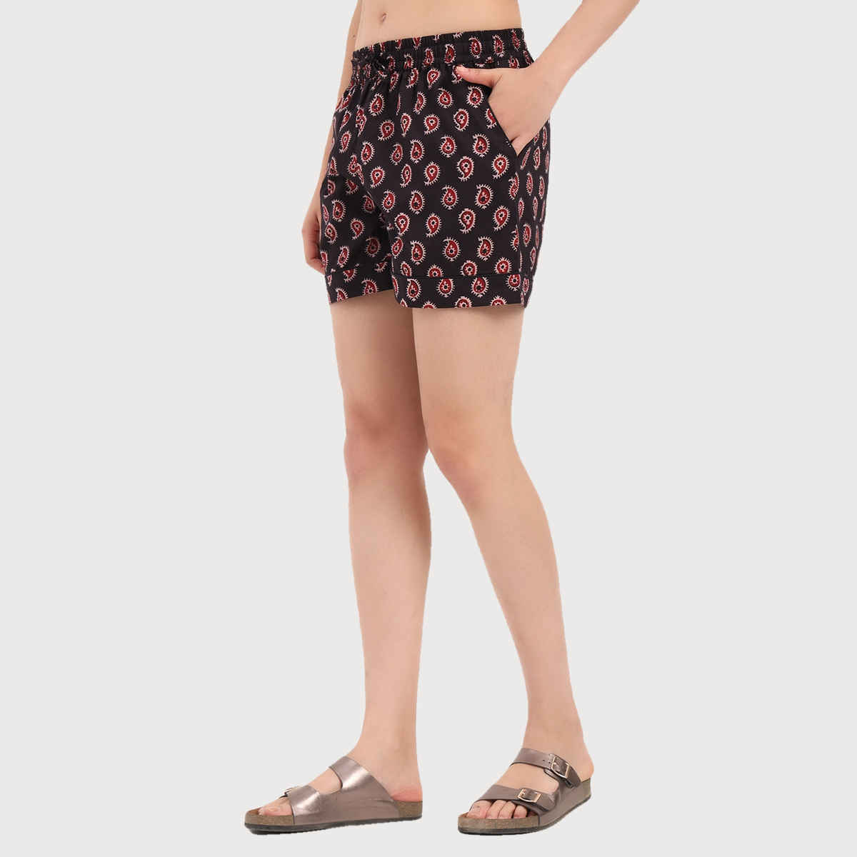 Divena Black Ethnic Motif Print Cotton Shorts for Women | DK0253 - L