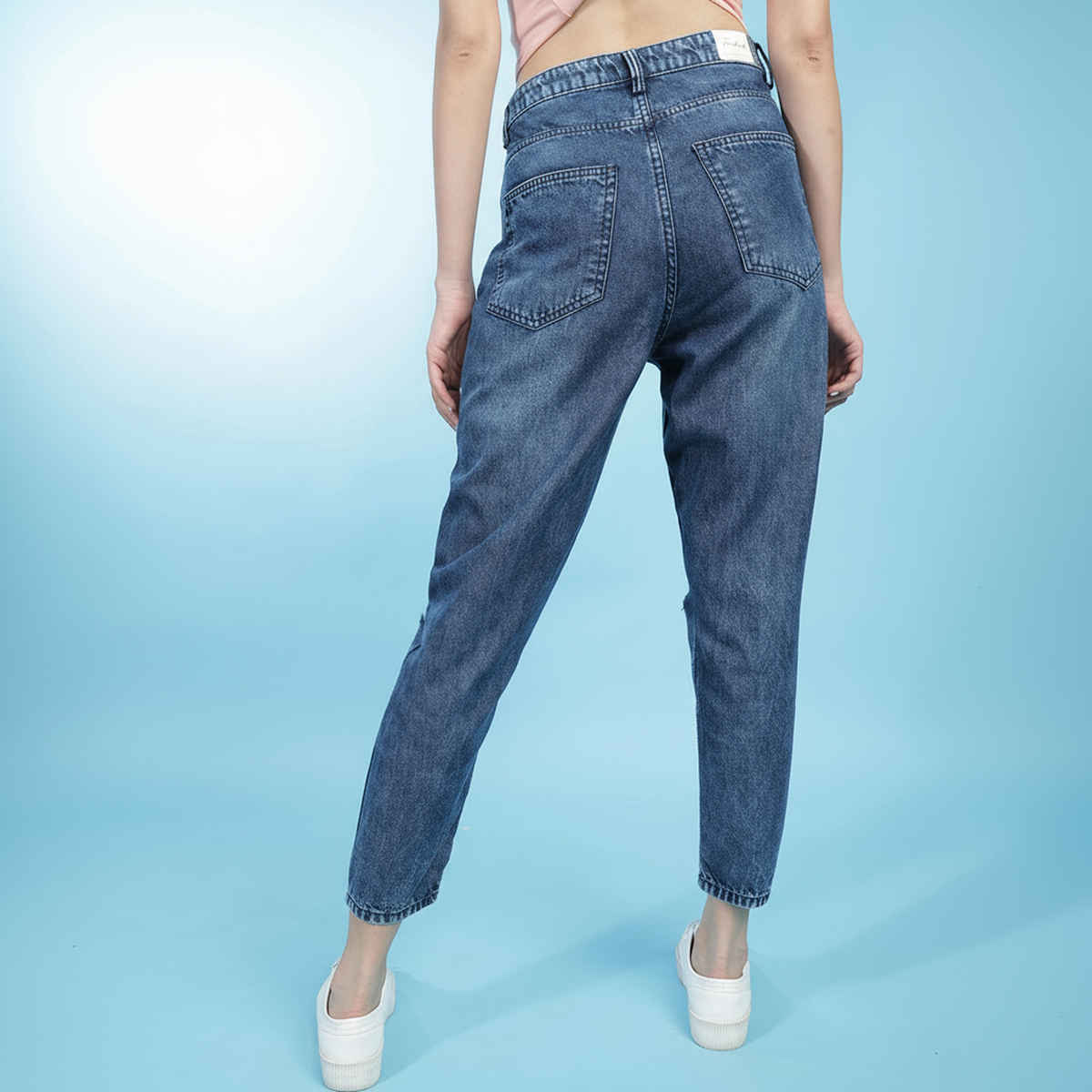 Freehand Women's Mid - Rise Distressed Mom Fit Jeans | Blue - 28