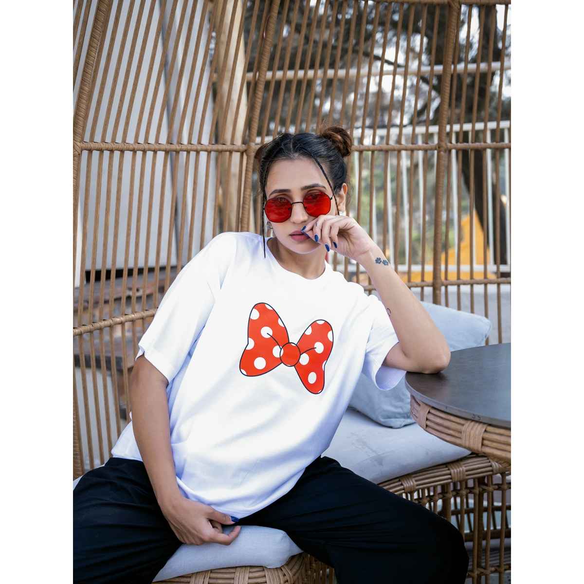 Bonorganik Women's Mini Oversize Front Print T-Shirt | Bon12125 | White | S