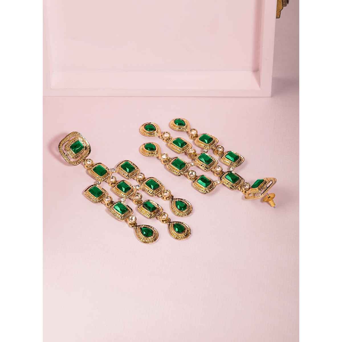 Rubans 22K Gold-Plated Emerald Gemstone Studded Chandelier Drop Earrings