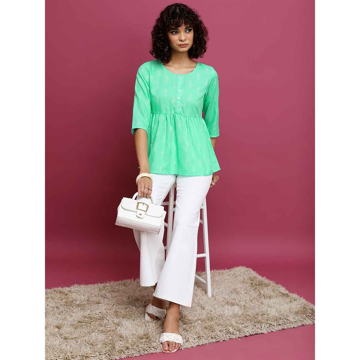 Ketch Women Geometric Printed A - Line Top - Sea Green - L