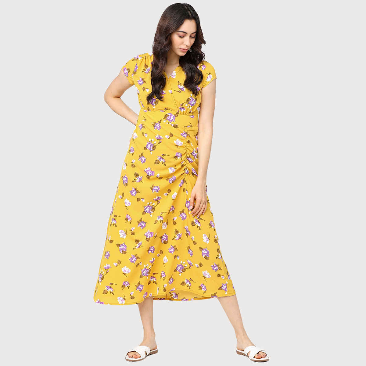 Tokyo Talkies Women's Floral A-Line Midi Dress | Yellow - M
