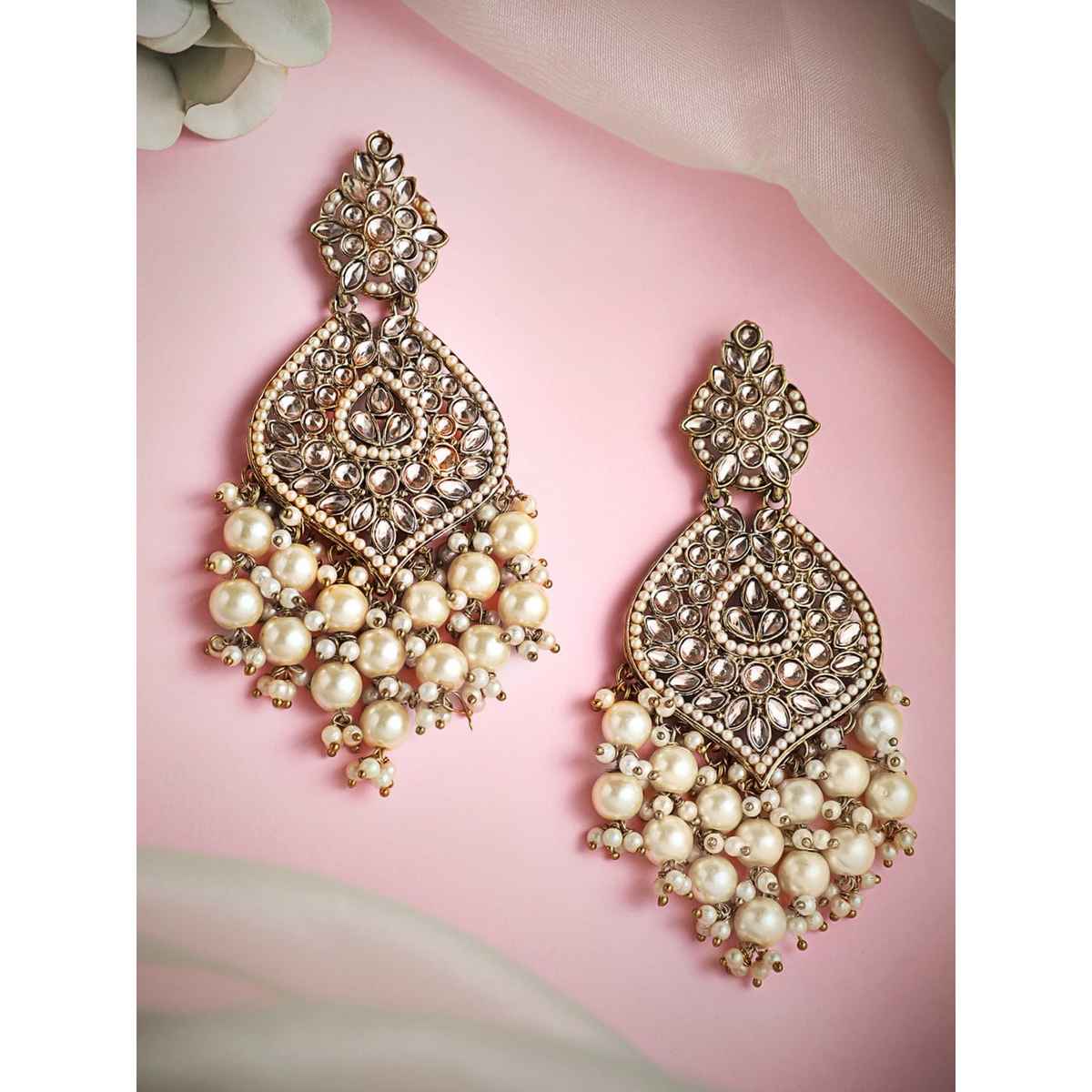 Rubans 18K Gold-Plated Kundan and Glosssy Off-White Pearl Beaded Chandelier Earrings