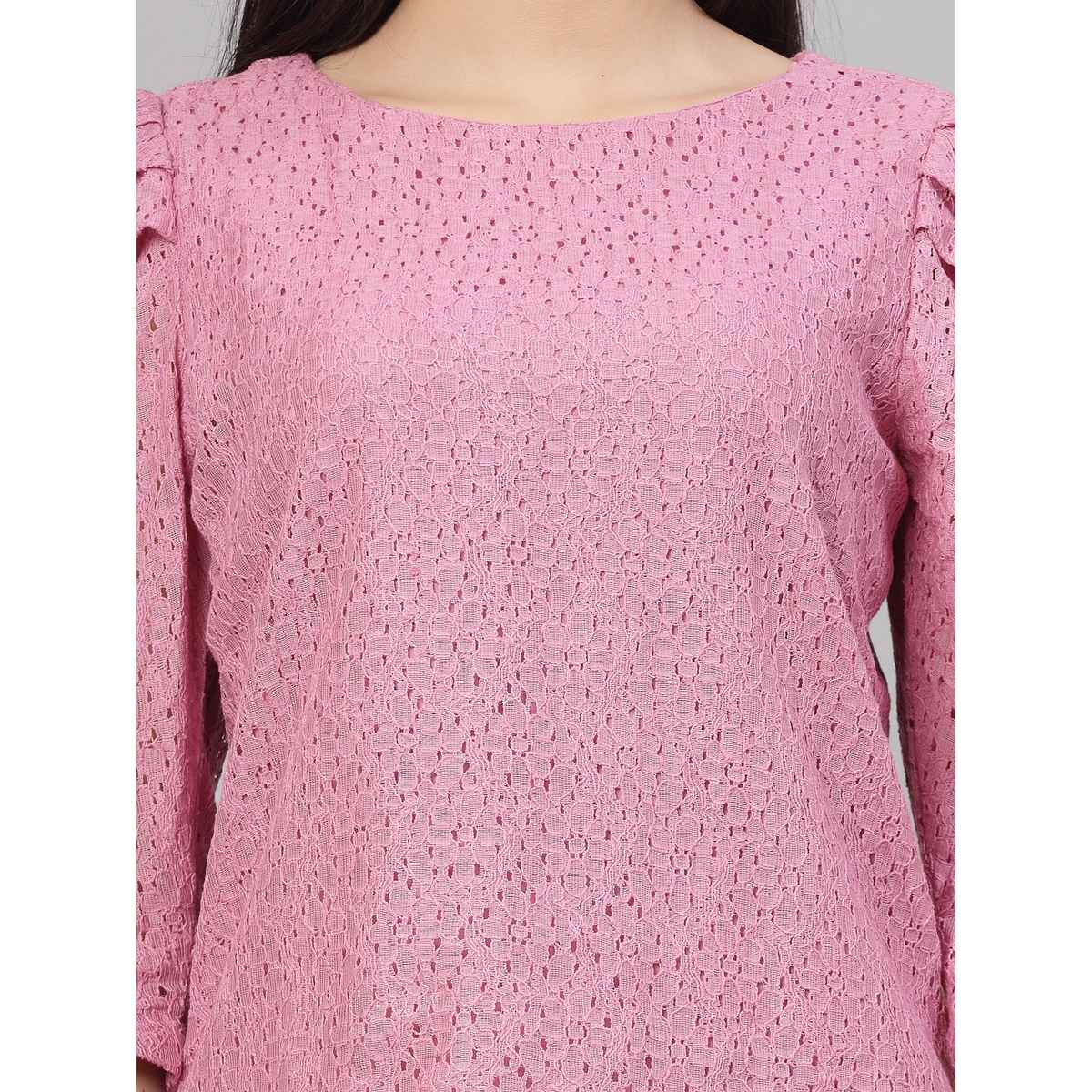 Style Quotient Women Pink Self Design Floral Lace Regular Casual Top | L | AW23SQARNI - Pink