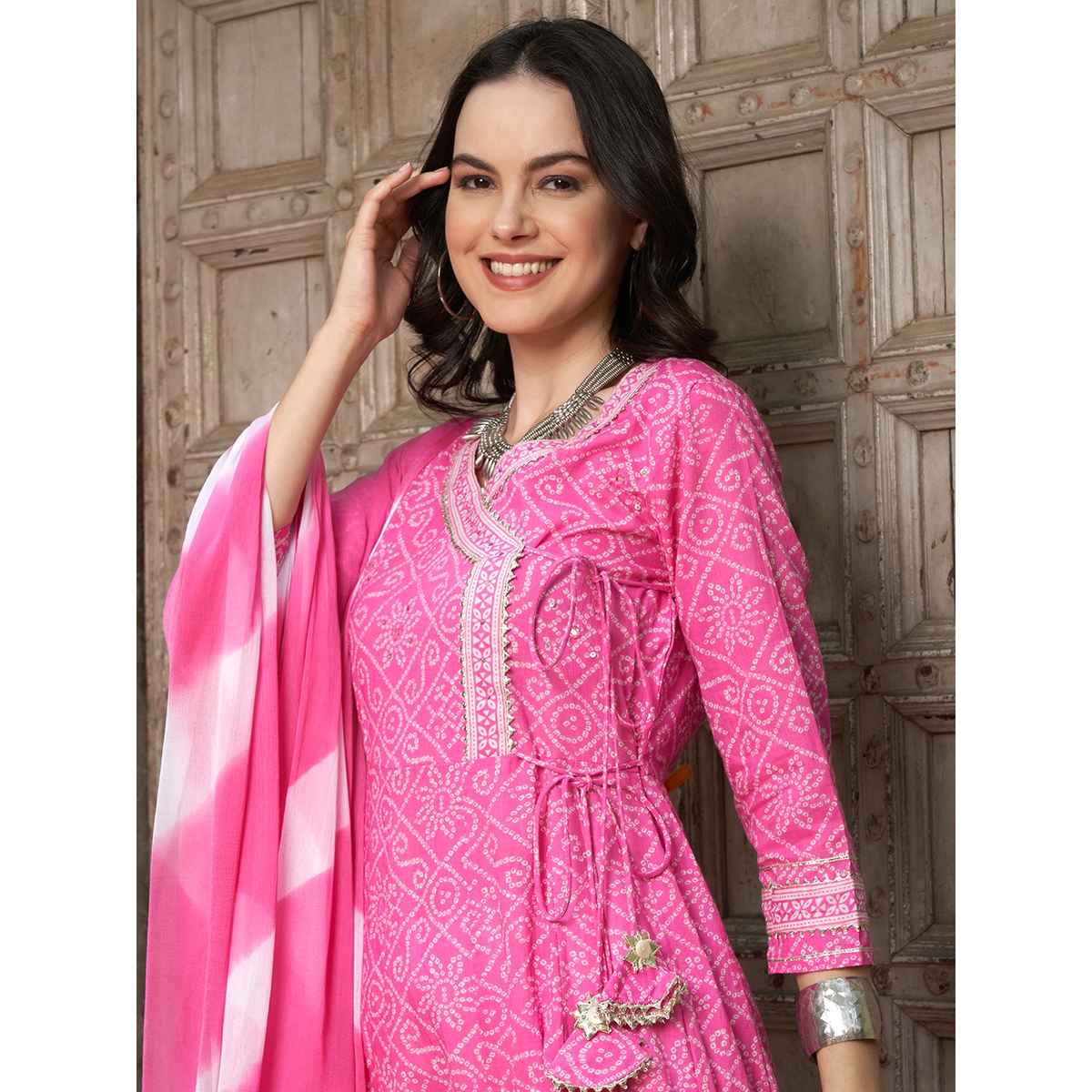 Bandia Women's Bandhej Angrakha Kurta Trouser Set with Dupatta | BANKS0004 | Pink | S