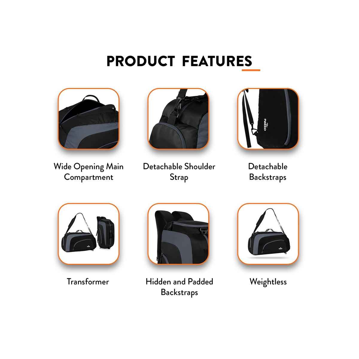 Pazzo Jake 50L Duffel Bag | 3-in-1 Gym | Travel & Backpack | Convertible with Spacious Storage