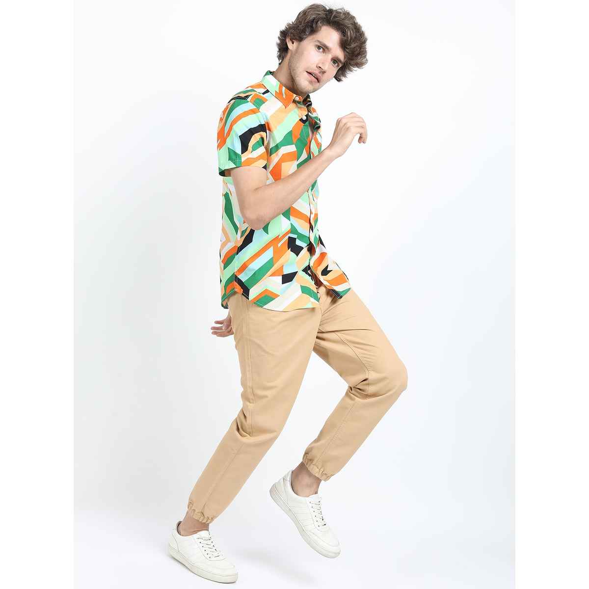 Ketch Men Green & Orange Slim Fit Geometric Printed Cotton Casual Shirt | Green/Orange - L