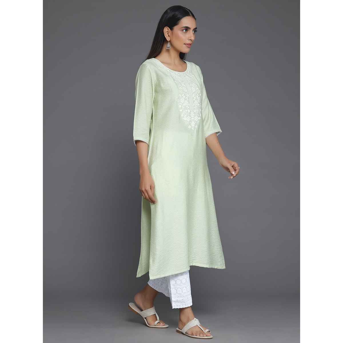 Libas Women's Green Yoke Design Silk Straight Kurta | S