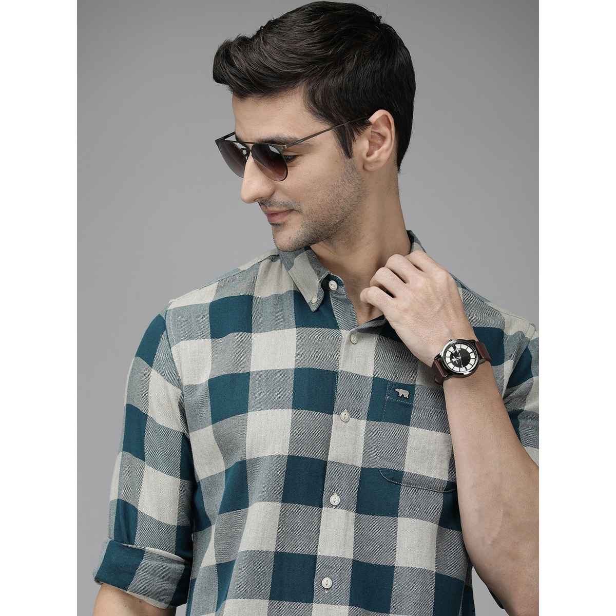 The Bear House Men Pure Cotton Checked Slim Fit Flannel Shirt Style-Juul Color -Teal Size -L