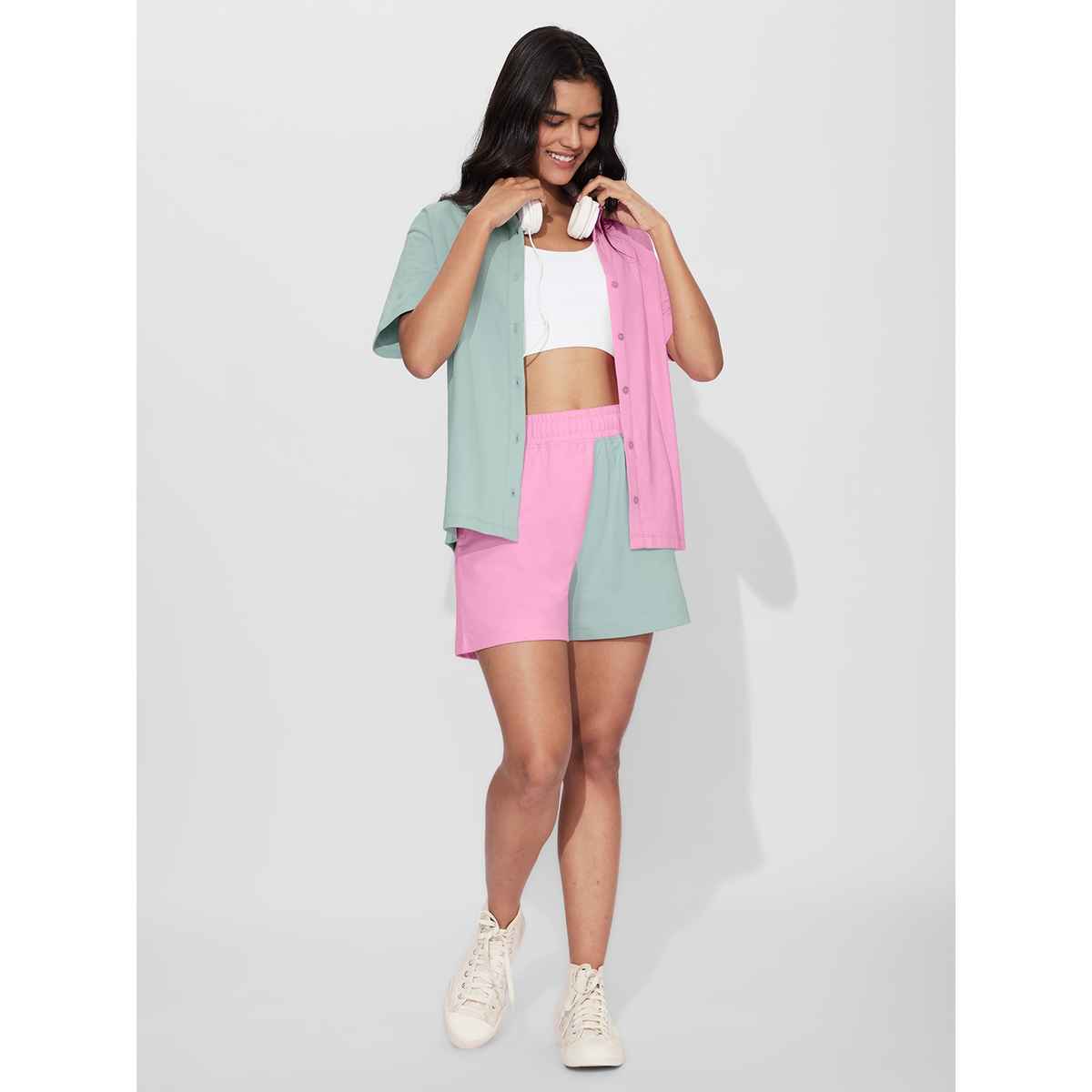 The Souled Store Women's Solids Colourblock Shorts | Pink Green - L