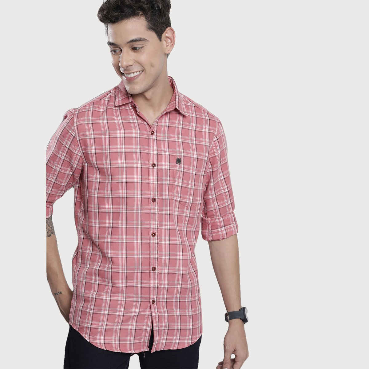 The Indian Garage Co Men's Regular Fit Checkered Casual Shirt | Pink - M