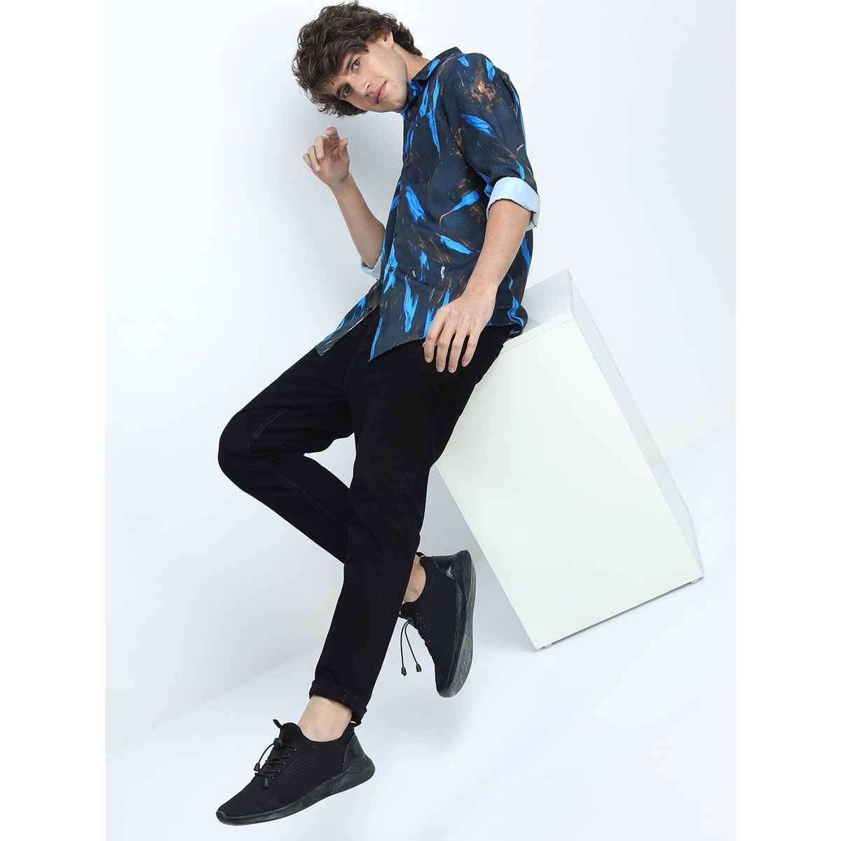 Highlander Men's Slim Fit Abstract Printed Casual Shirt - Black and Blue | L