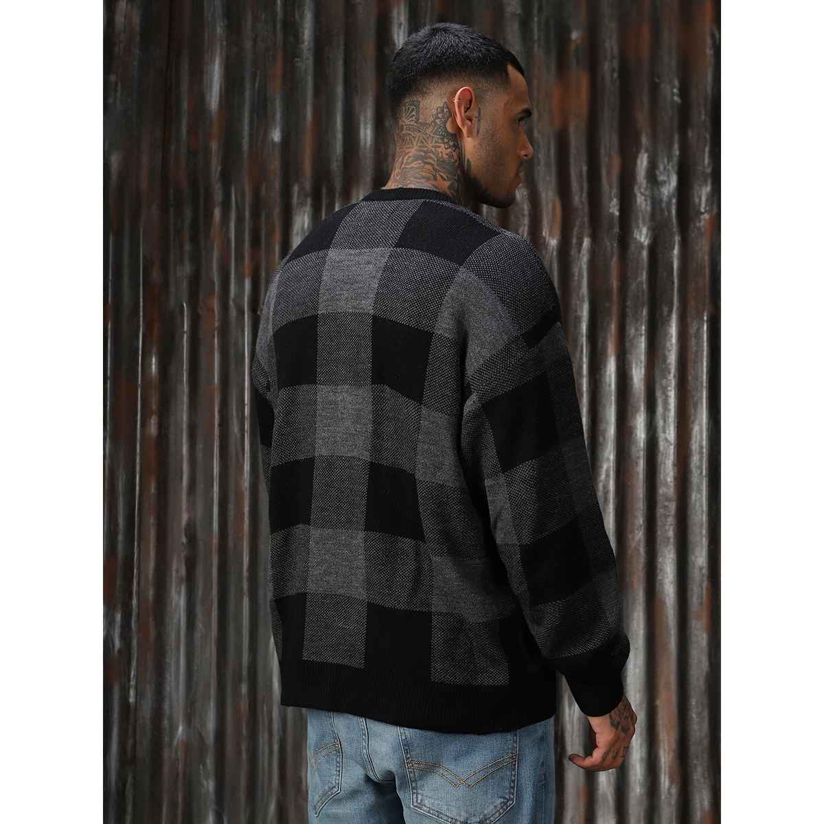 High Star Men's Checked Oversized Fit Cardigan Sweater | Grey - S
