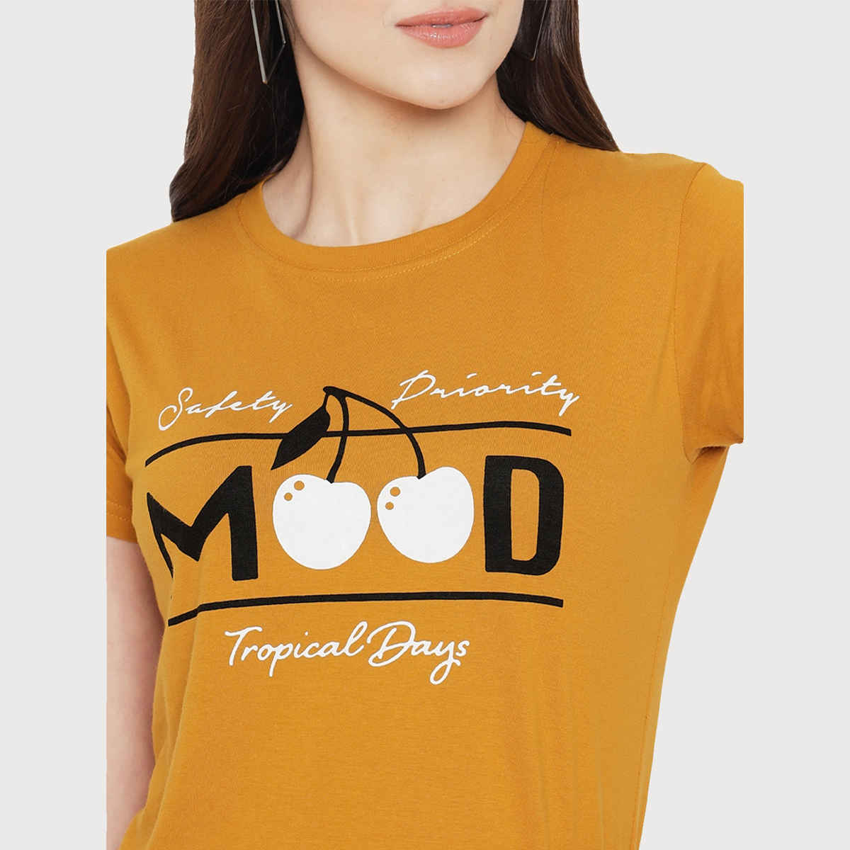 Fabflee Women Regular Cotton Printed Round Neck Tshirt | Yellow | FAB-WT-10 | M