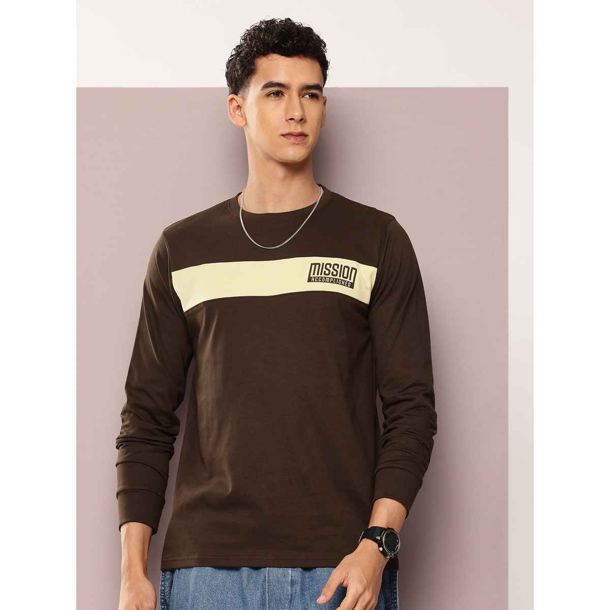 Dillinger Men's Typography Colourblocked Detail Long Sleeve T-shirt | Brown - S
