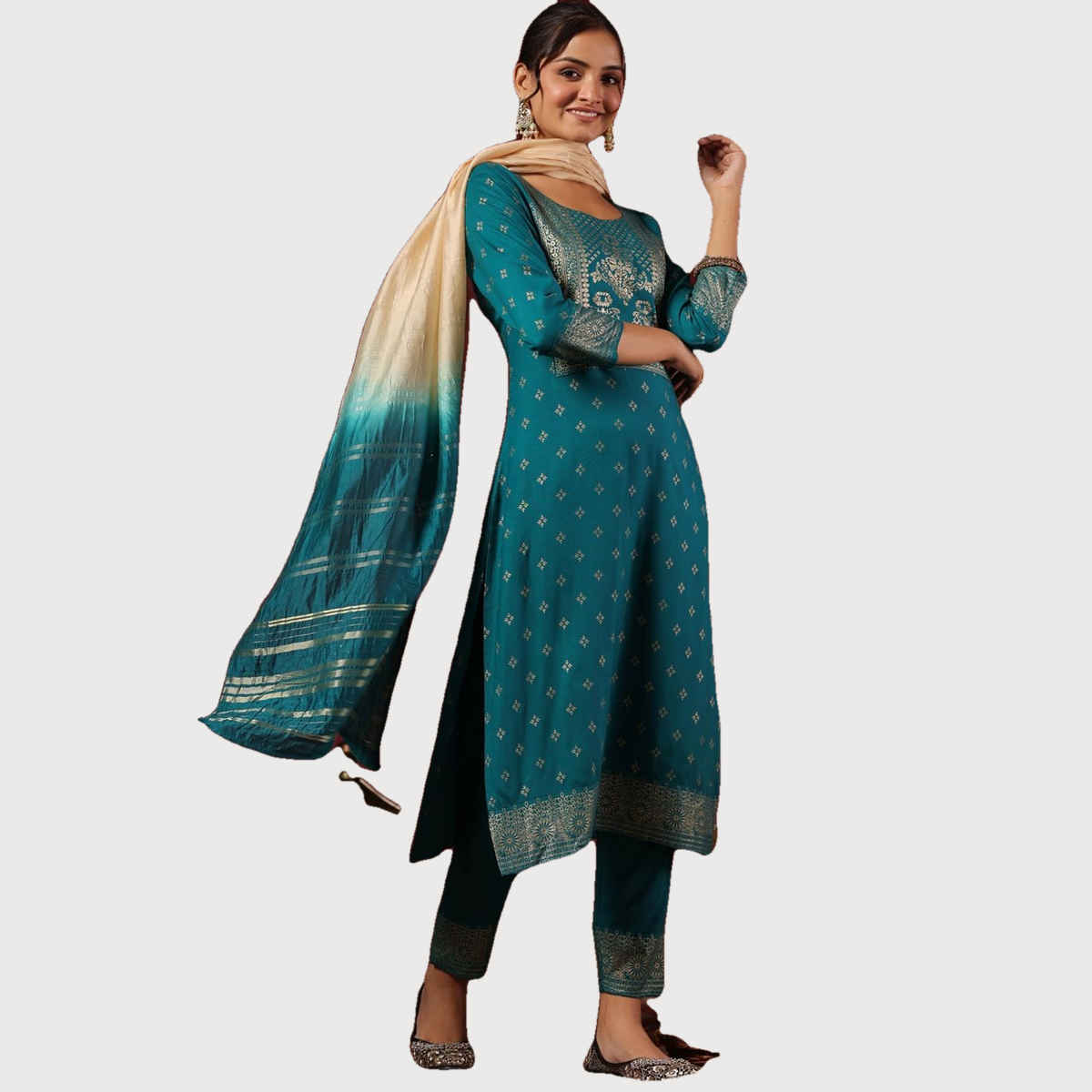 Ishin Women Straight Ethnic Rayon Kurta Set with Dupatta | INWSDAW231067 | Teal - M