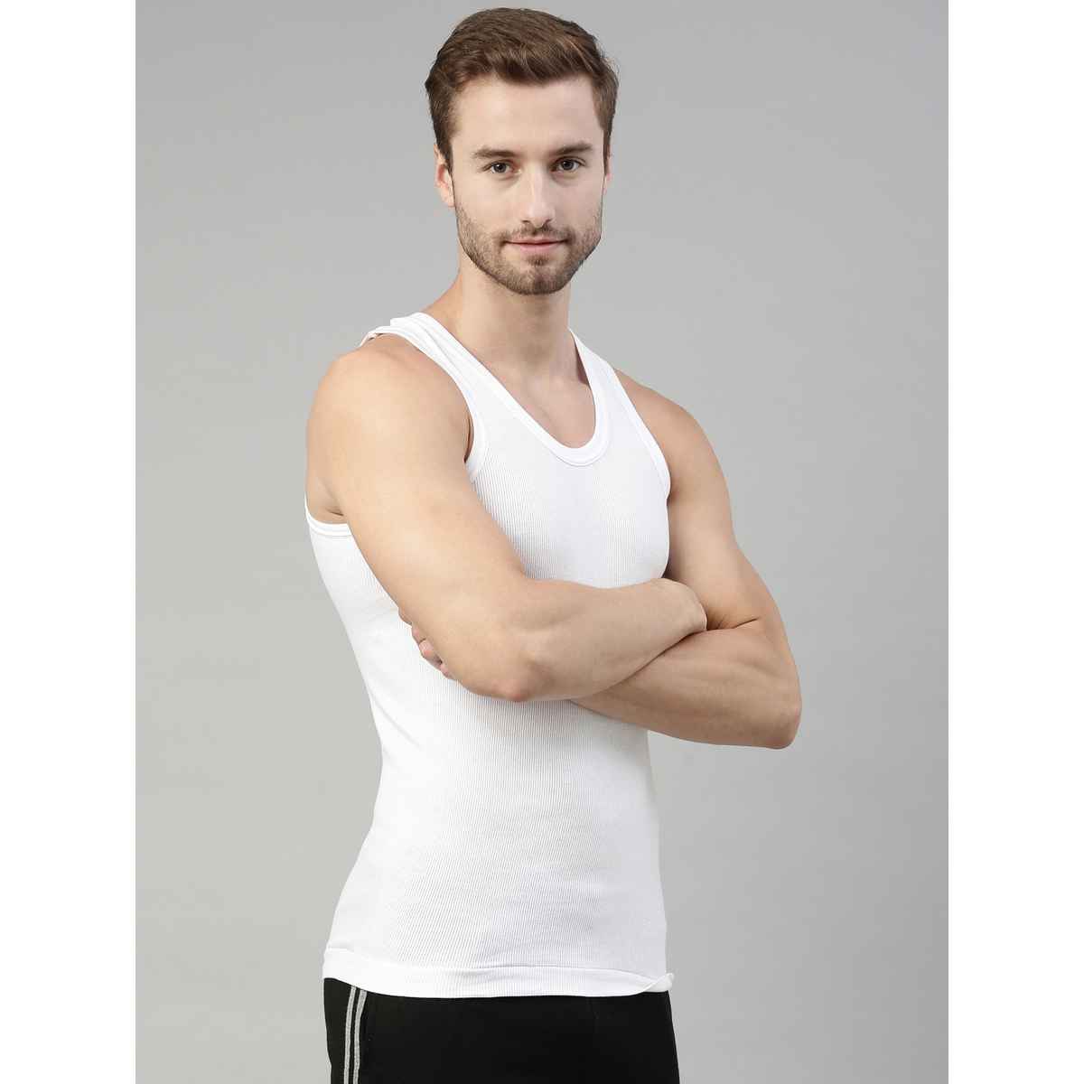 Dixcy Scott Men's Solid 100% Combed Cotton Round Neck Sleeveless Vest | White - S