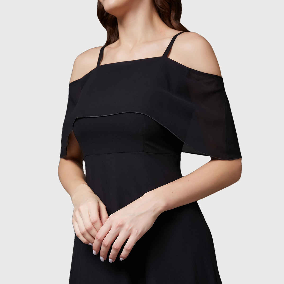 Miss Chase Women Bardot Style Sleeveless Spaghetti Strap Off Shoulder Midi Skater Dress | Black | S