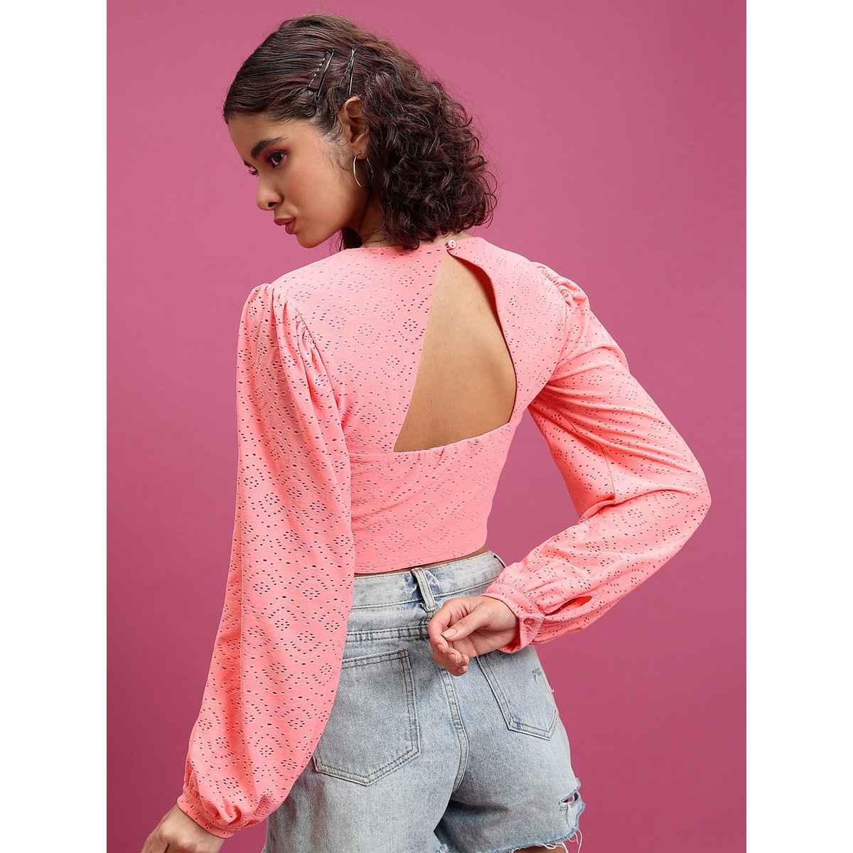 Ketch Women's Self Design Round Neck Bishop Sleeves Blouson Crop Top | Pink - S