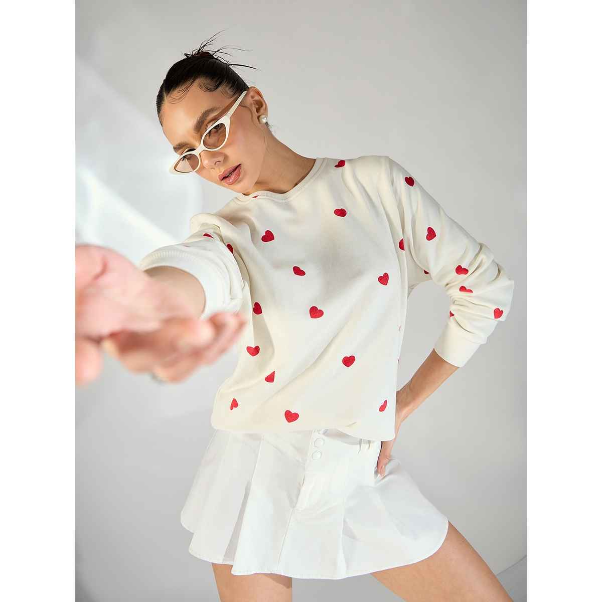 Uptownie Women's Heart Printed Cotton Sweatshirt | 120018771 | White | S