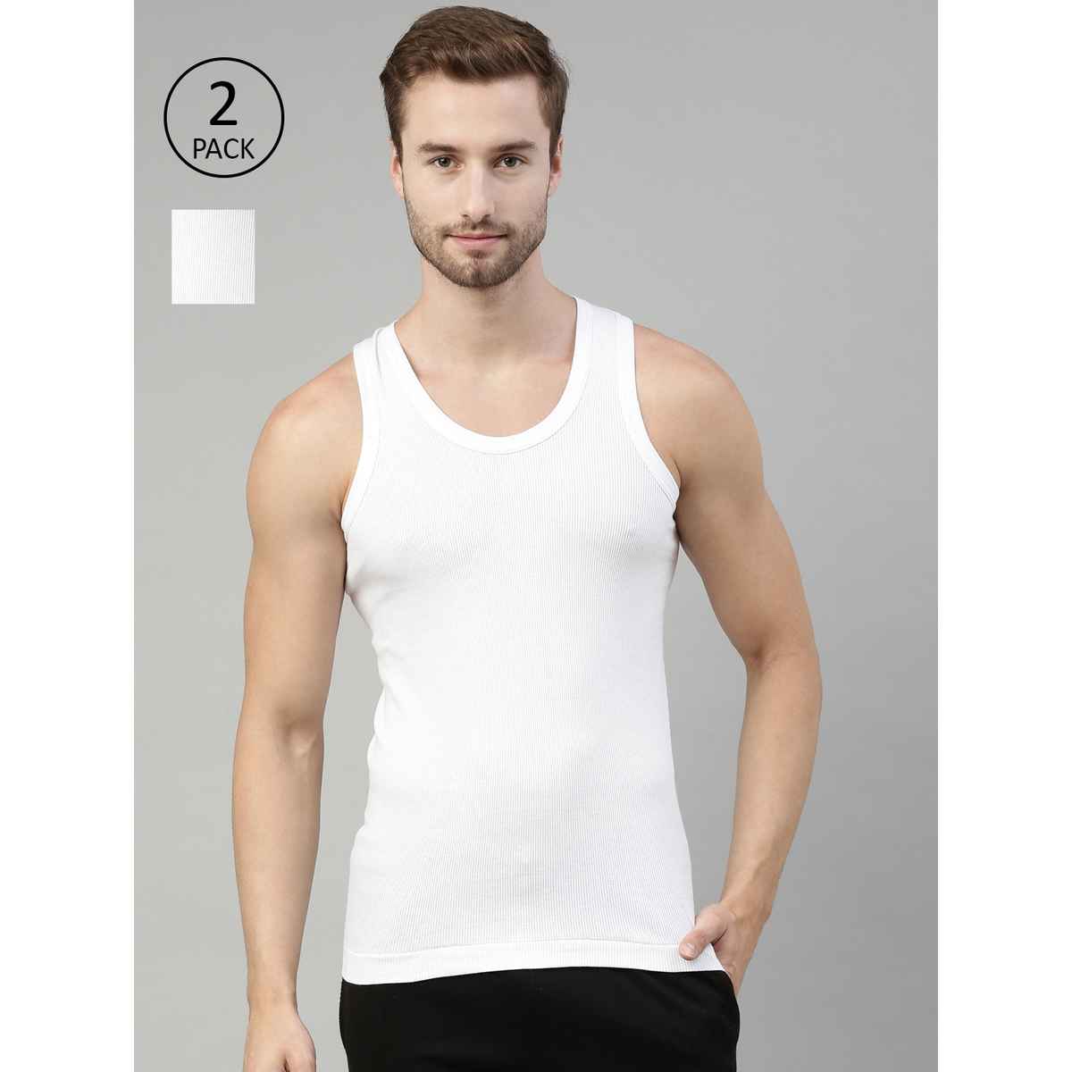 Dixcy Scott Men's Solid 100% Combed Cotton Round Neck Sleeveless Vest | White - S