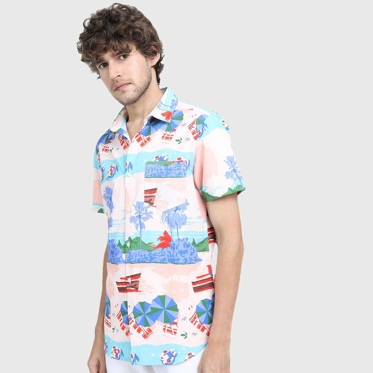 Highlander Men's Slim Fit Floral Printed Casual Shirt - Pink Multi | S