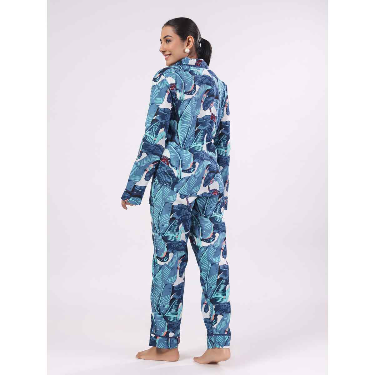 Sanskrutihomes Women Tropical Printed Pure Cotton Blue Night Suit SE-NSP-565 | L