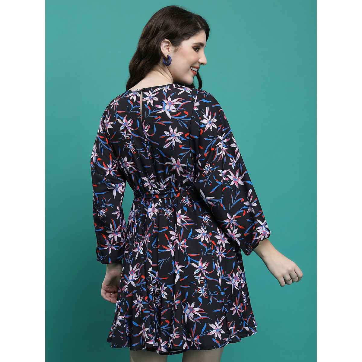 Ketch Women's Floral Printed Cuffed Sleeves Fit & Flare Dress | Multicolor - XL