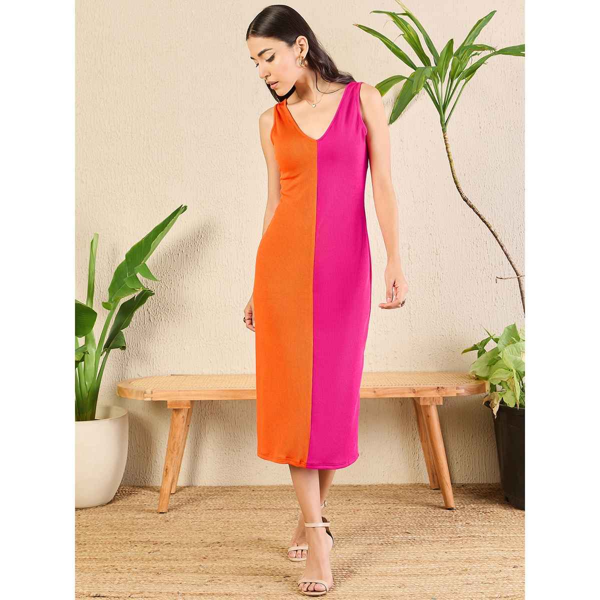 Uptownie Women's Stretchable Ribbed Dual Tone Bodycon Dress | 120018738 | Orange - XL