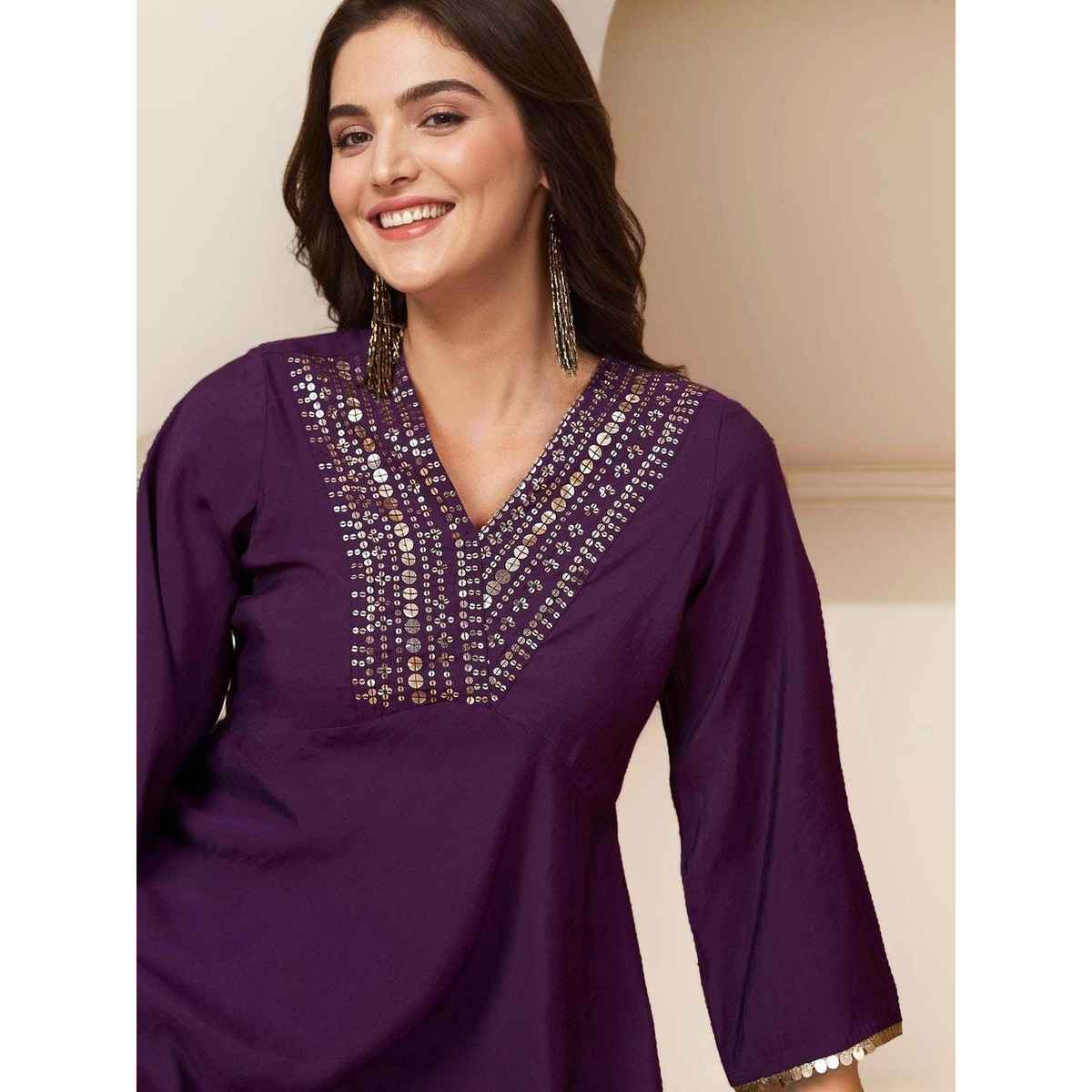 Ishin Women's Kurta Set Cotton 2 Pcs | Lilac - XL