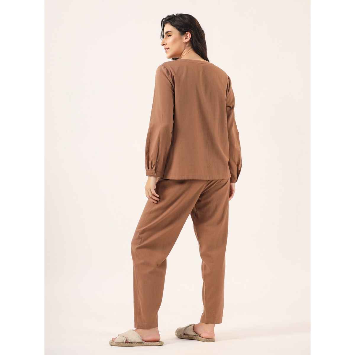 Sanskrutihomes Mandarin Collar Pure Cotton Night Suit | Brown - S