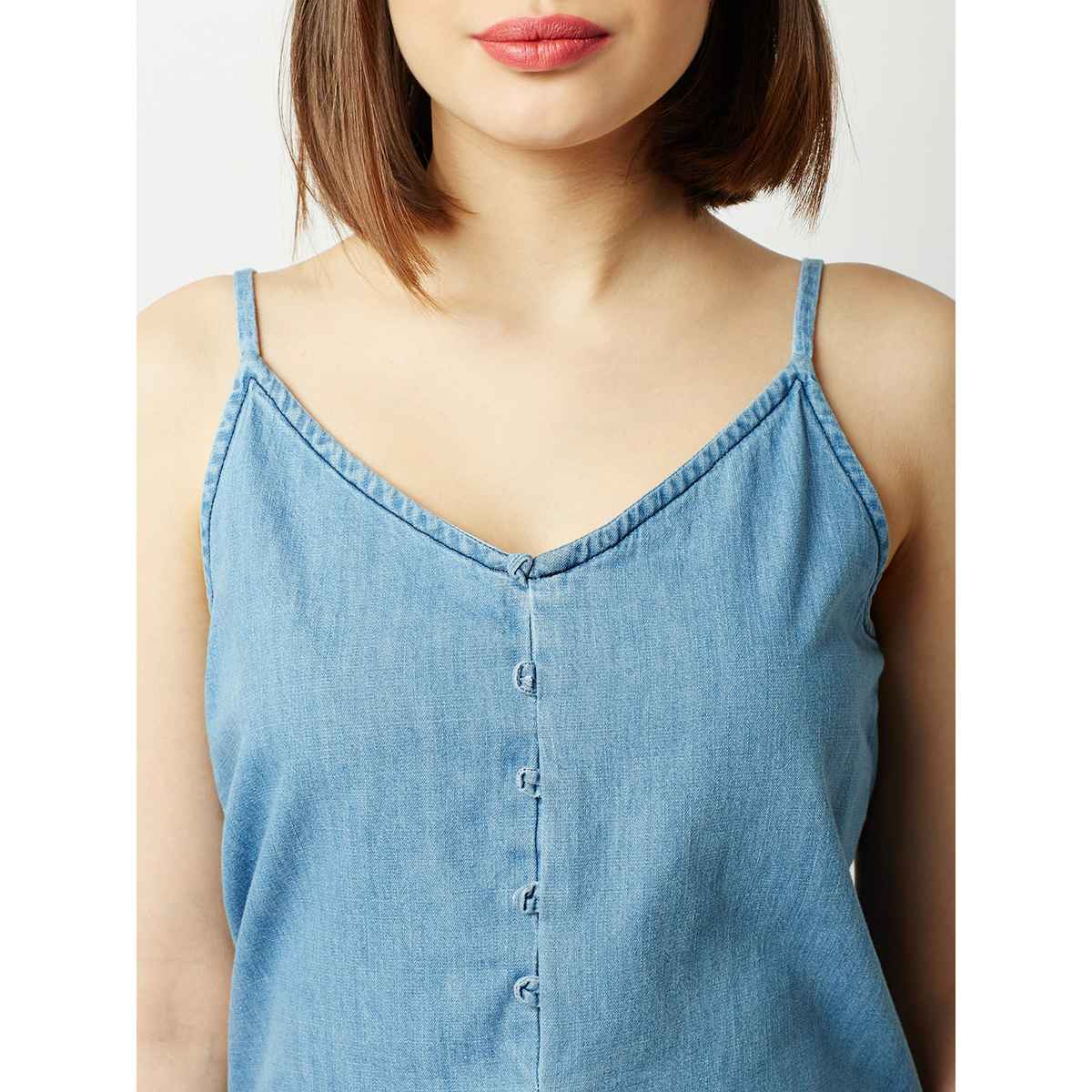 Miss Chase Women V Neck Sleeveless Cotton Solid Denim Spaghetti Top | Light Blue | XL