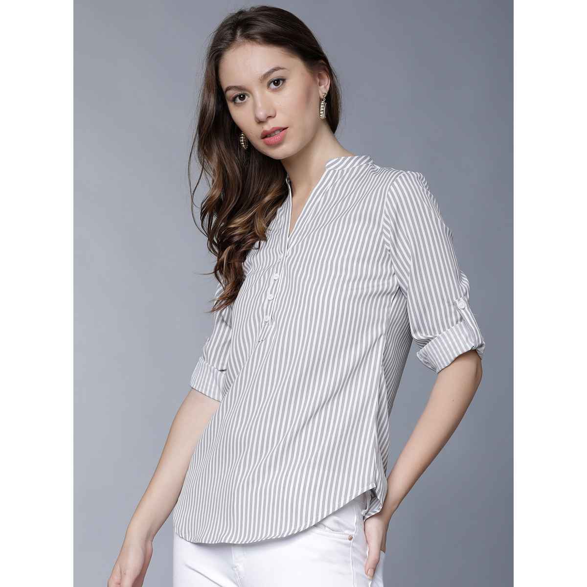 Tokyo Talkies Women's Casual Roll-up Sleeve Striped White, Grey Top | Multicolour - S