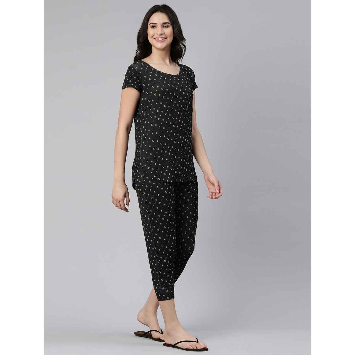 Enamor Essentials EC16 Women s Aop-Soft & Drapey All Over Printed Lounge Capri Set | Black | 2XL