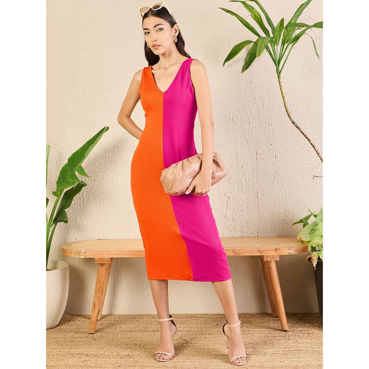 Uptownie Women's Stretchable Ribbed Dual Tone Bodycon Dress | 120018738 | Orange - XL