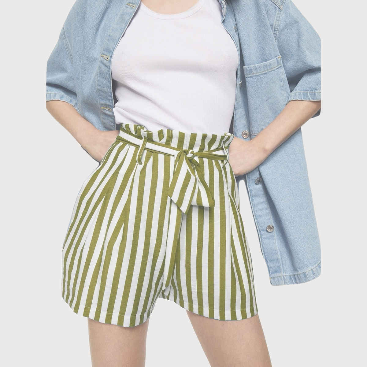 Luxrio Women's Shorts Cotton Striped Shorts | WMNSHORTSSTRP | Olive - M