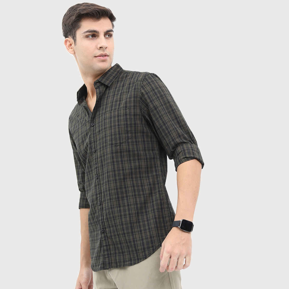 Highlander Men's Slim Fit Checked Casual Shirt - Olive and Black | S