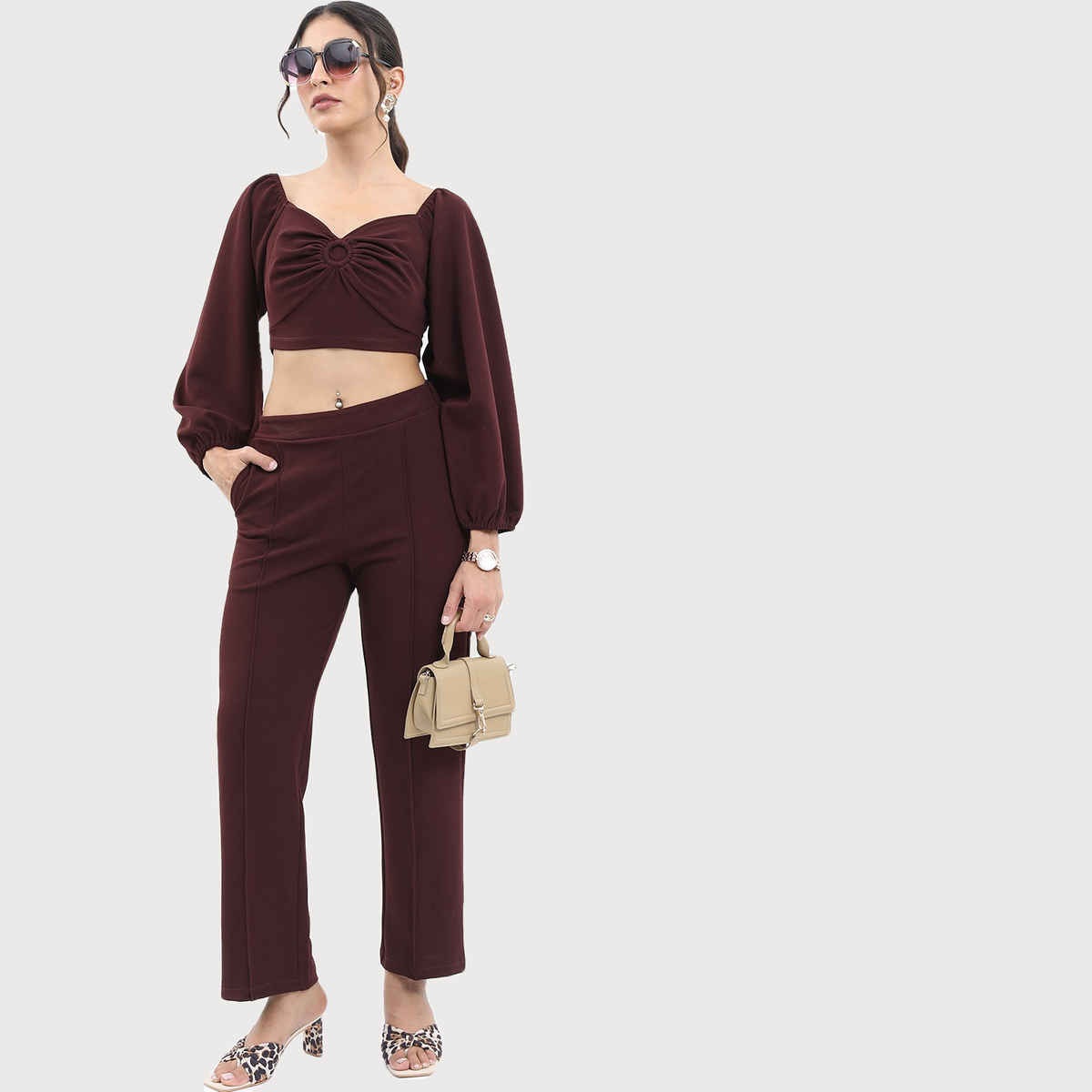 Ketch Women Sweetheart Neck Crop Top With Trousers Co-ords | Brown | M