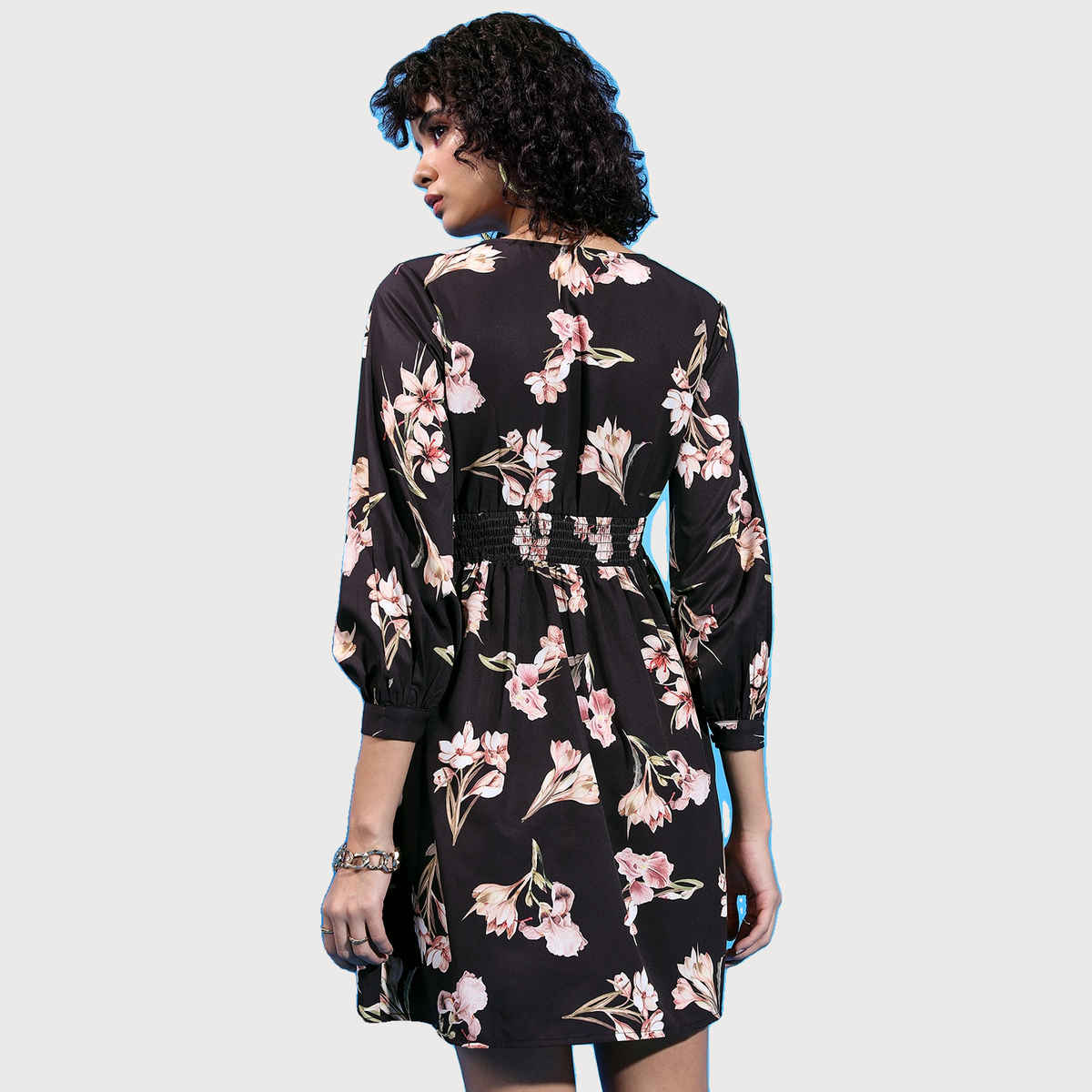 Ketch Women's Floral Printed V-Neck Smocked Fit & Flare Dress | Black - S