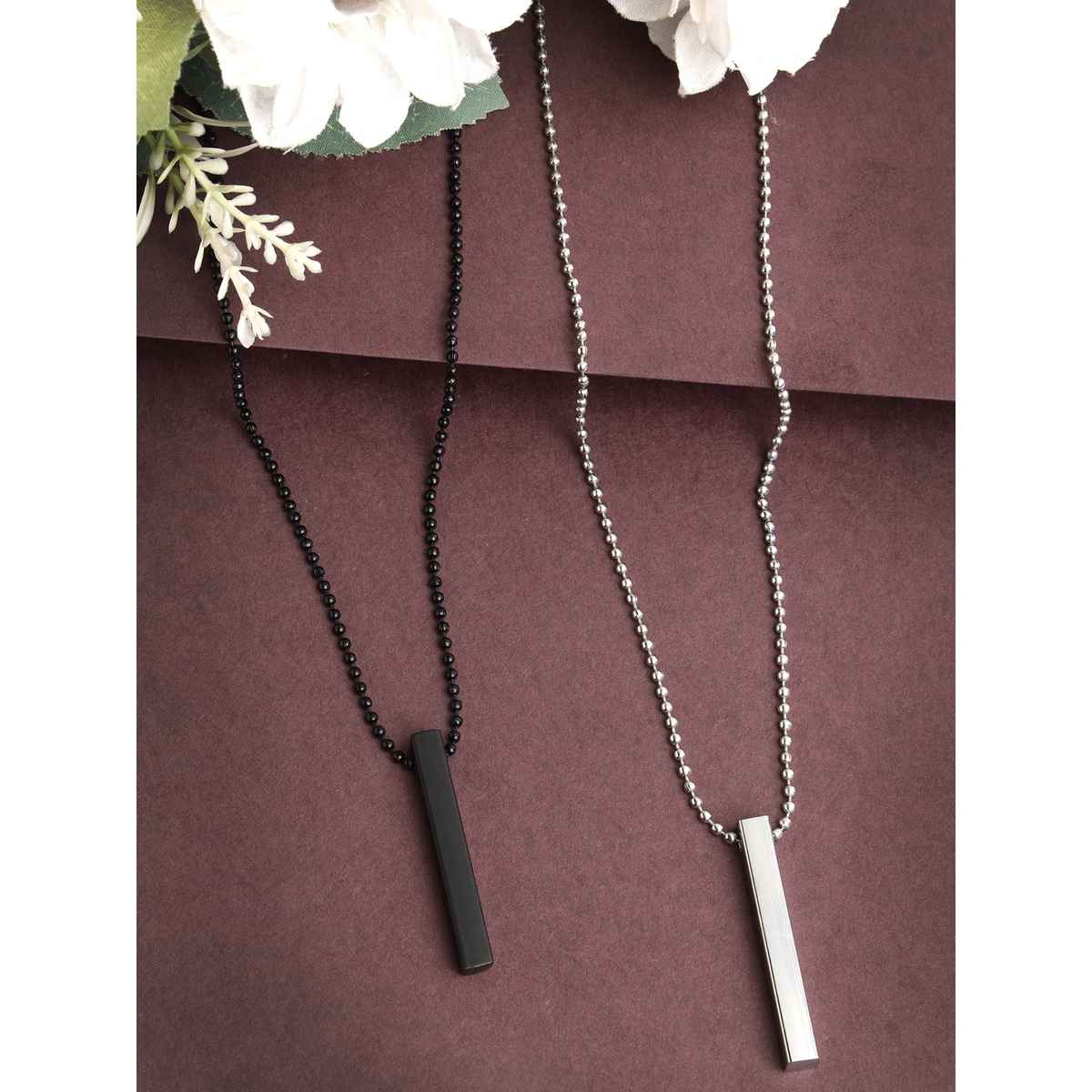NVR Men's Set of 2 Rhodium Plated Bar Pendant & Chain | NVR2289