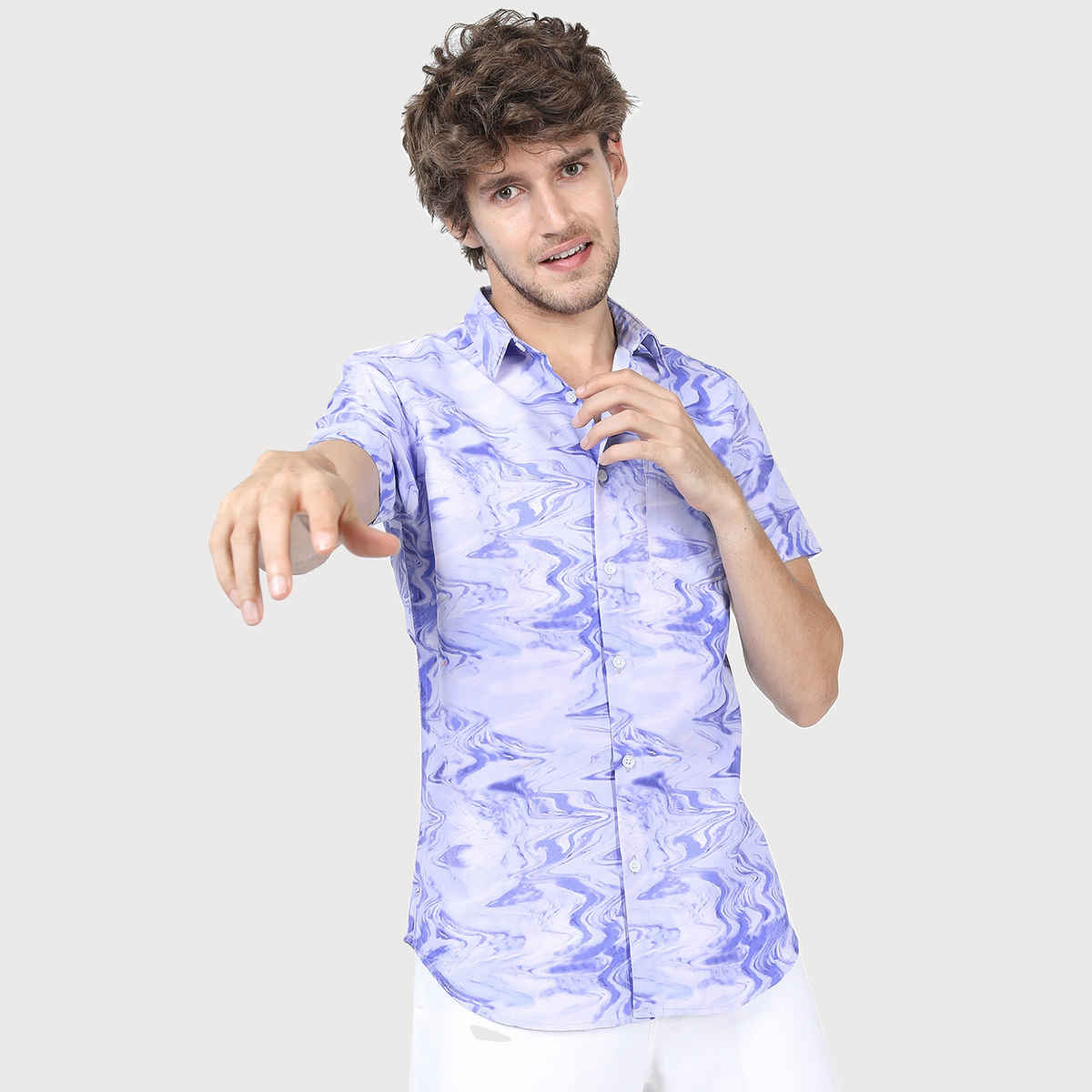 Highlander Men's Slim Fit Printed Casual Shirt - Lavender and Blue | M